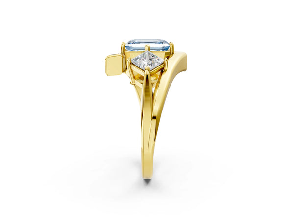 Yellow gold Three-Stone Fancy Blue Emerald Cut Cut Tension Band Ring with Four-Prong Setting