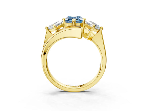Yellow gold Three-Stone Fancy Blue Emerald Cut Cut Tension Band Ring with Four-Prong Setting