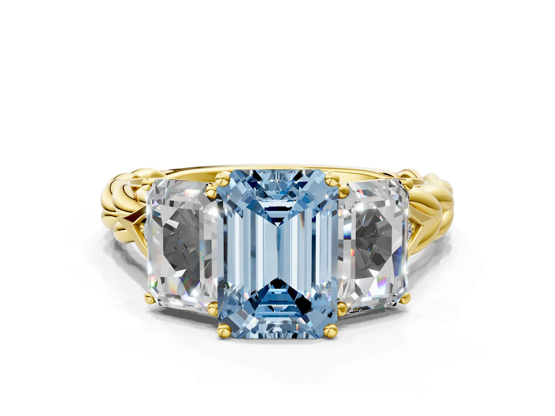 Yellow gold Three-Stone Fancy Blue Emerald Cut Diamond Braided Band Ring with Four-Prong Setting_104