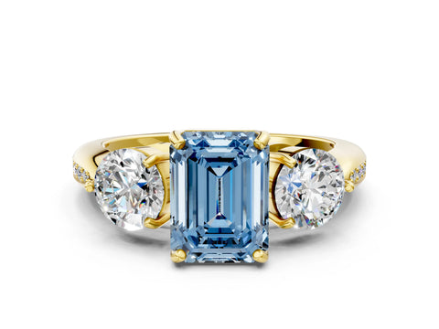 Yellow gold Three-Stone Fancy Blue Emerald Cut Diamond Channel Set Engagement Ring with Prong Setting_12