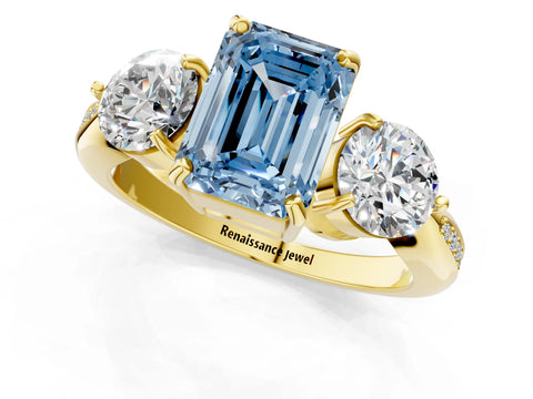Yellow gold Three-Stone Fancy Blue Emerald Cut Diamond Channel Set Engagement Ring with Prong Setting_13