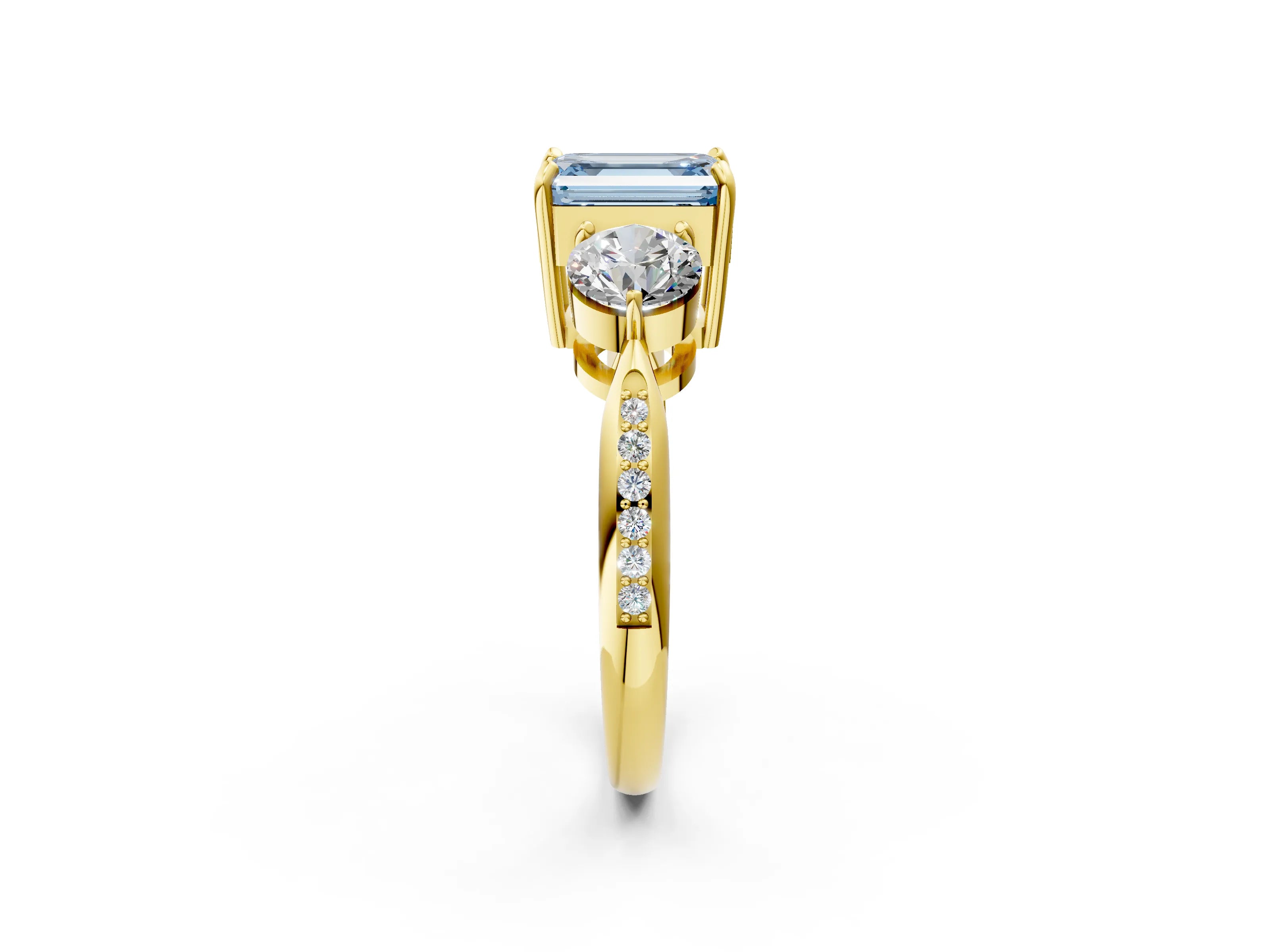 Yellow gold Three-Stone Fancy Blue Emerald Cut Diamond Channel Set Engagement Ring with Prong Setting_14