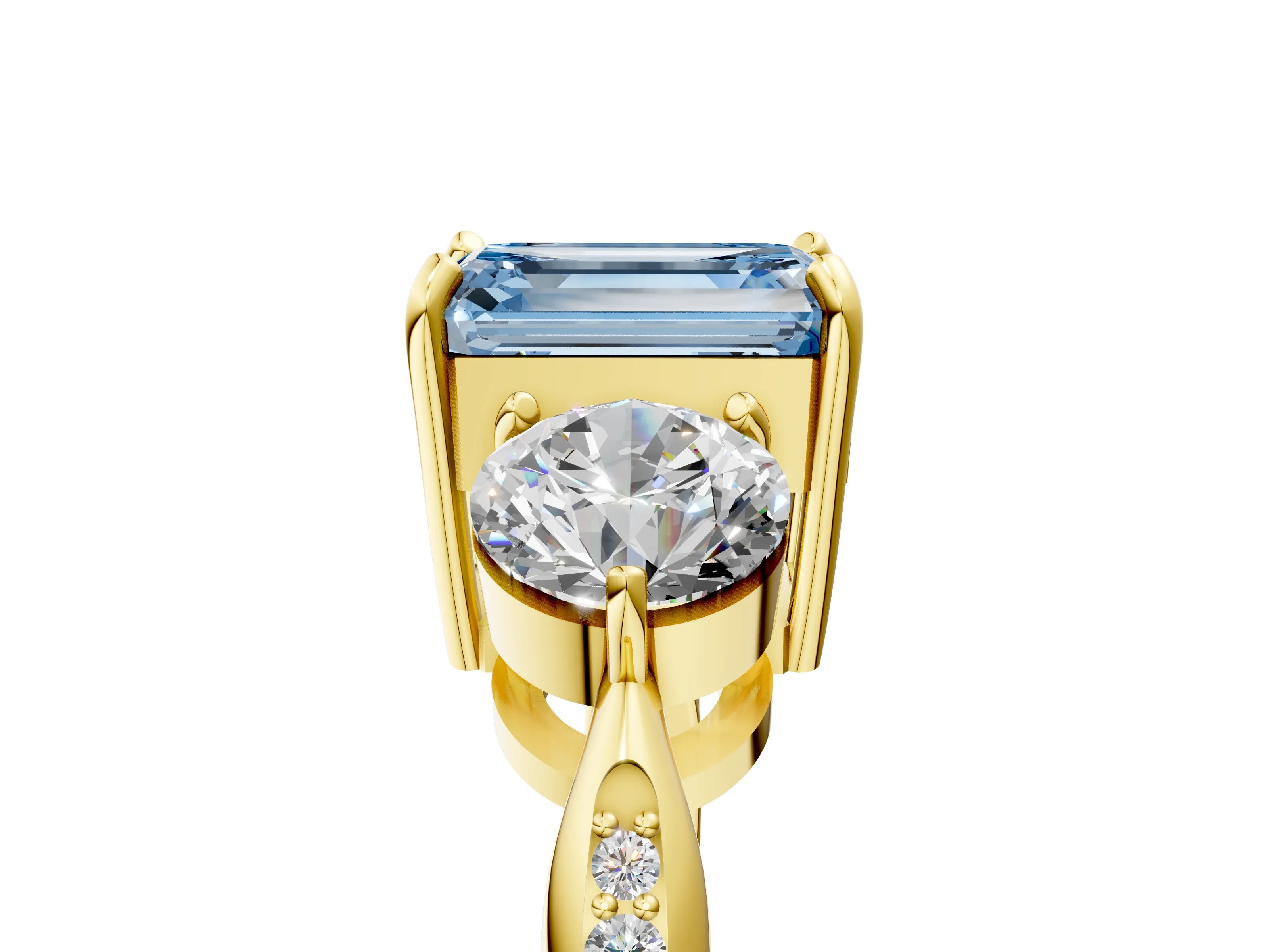 Yellow gold Three-Stone Fancy Blue Emerald Cut Diamond Channel Set Engagement Ring with Prong Setting_17