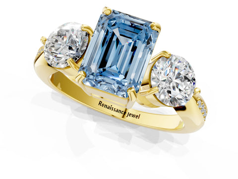 Yellow gold Three-Stone Fancy Blue Emerald Cut Diamond Channel Set Engagement Ring with Prong Setting_1