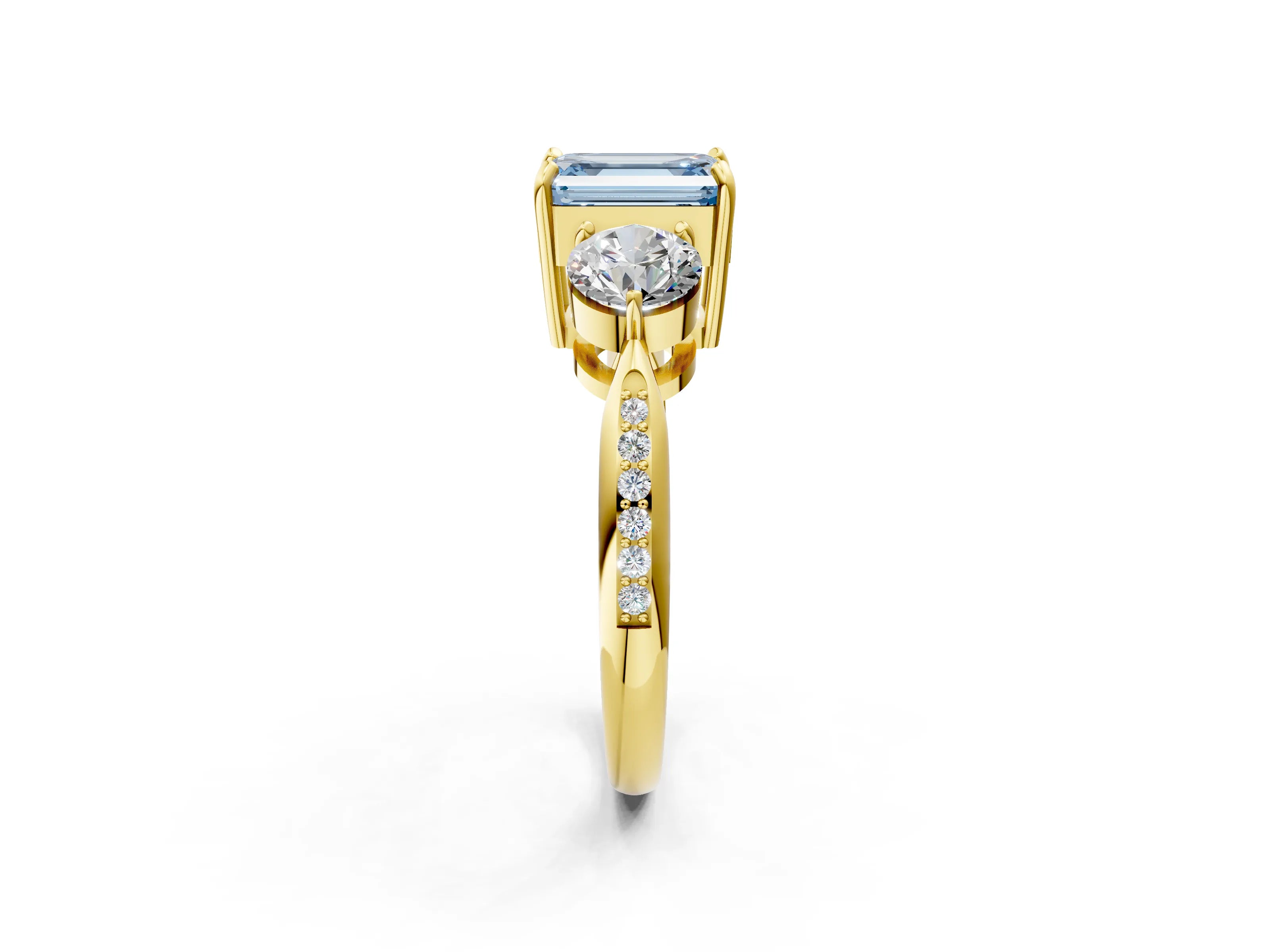 Yellow gold Three-Stone Fancy Blue Emerald Cut Diamond Channel Set Engagement Ring with Prong Setting_2