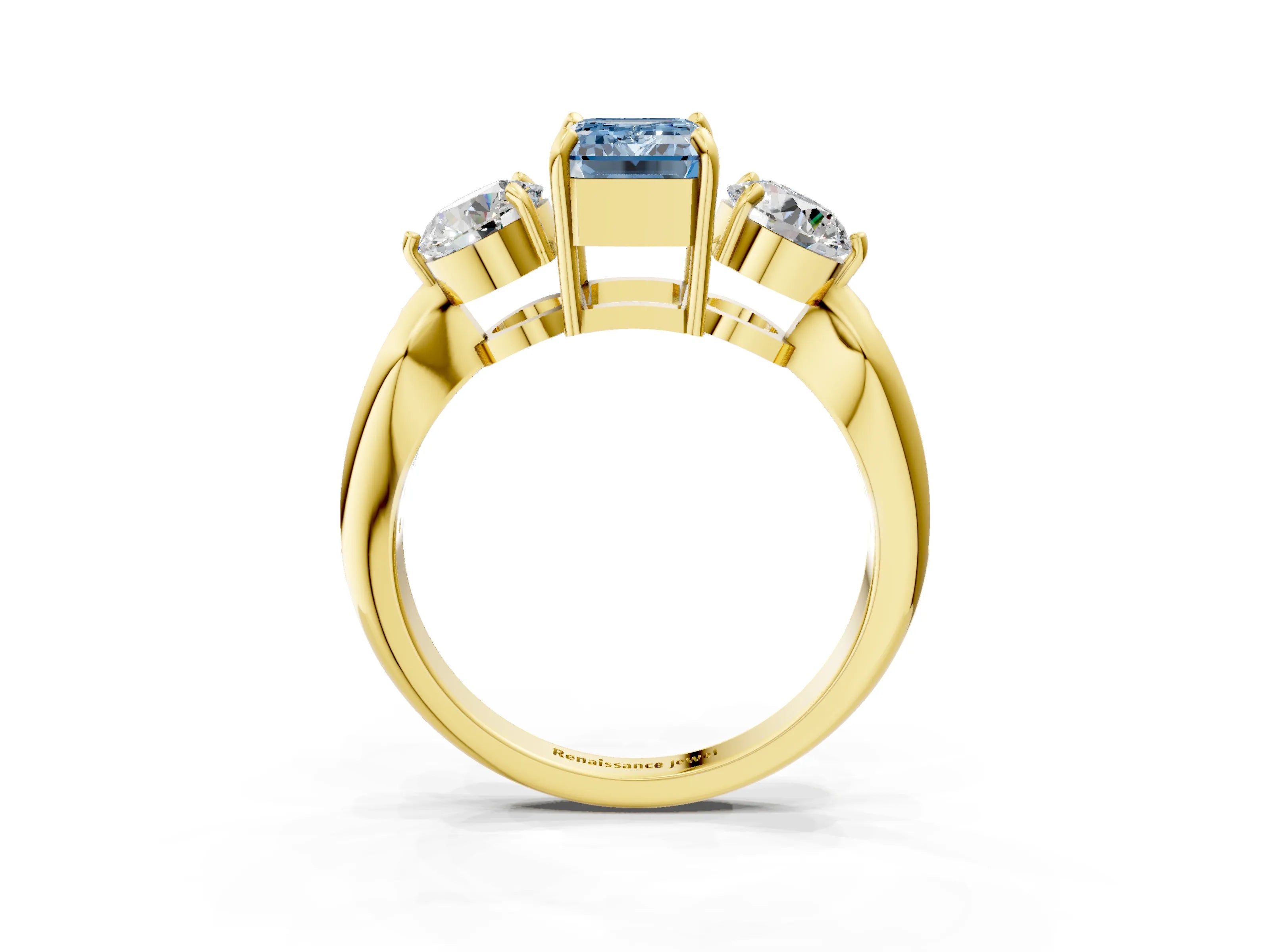 Yellow gold Three-Stone Fancy Blue Emerald Cut Diamond Channel Set Engagement Ring with Prong Setting_3