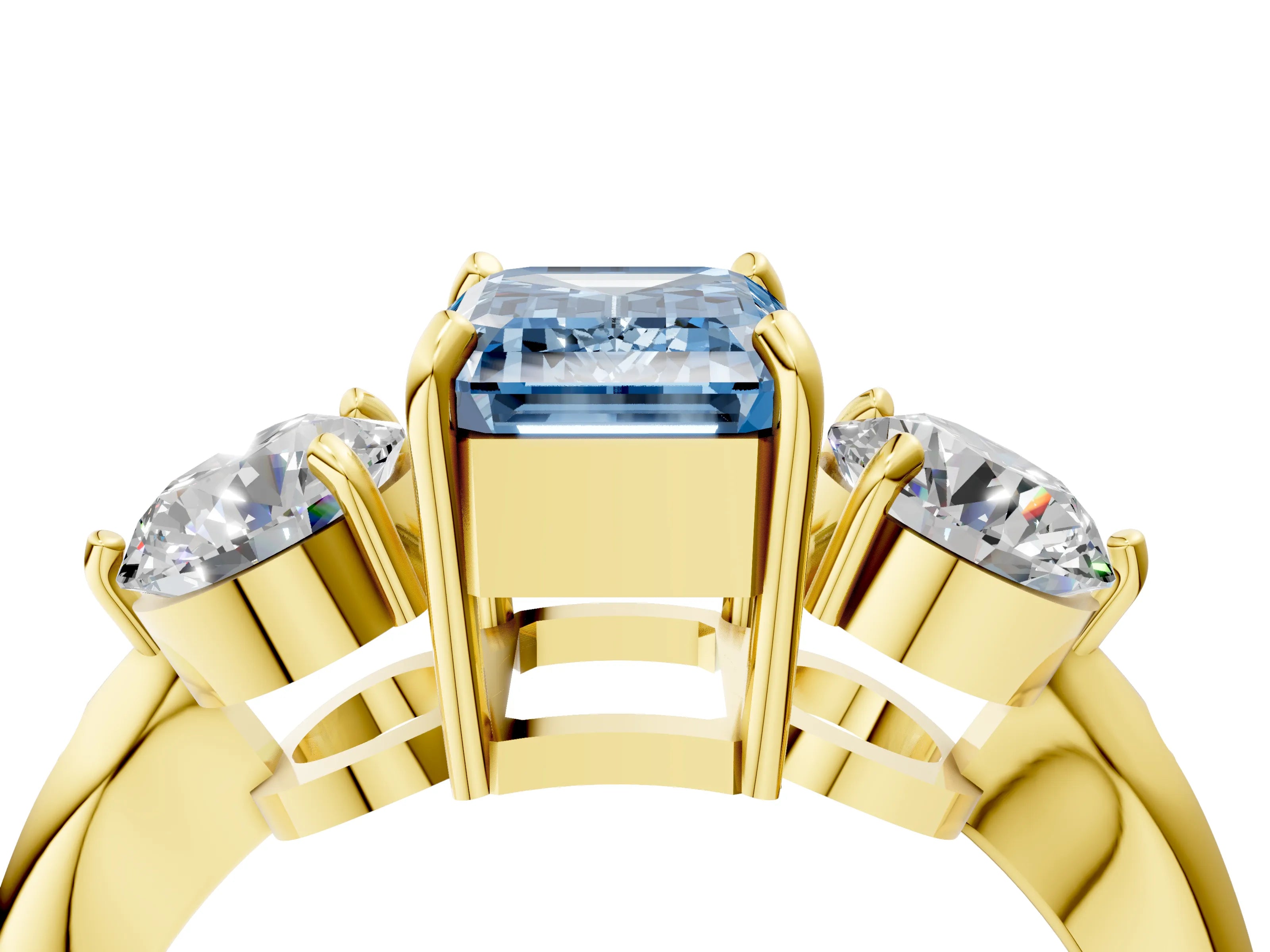 Yellow gold Three-Stone Fancy Blue Emerald Cut Diamond Channel Set Engagement Ring with Prong Setting_4