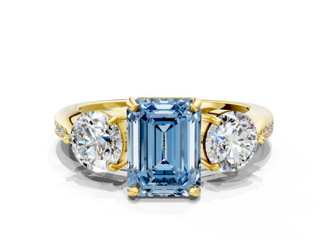 Yellow gold Three-Stone Fancy Blue Emerald Cut Diamond Channel Set Engagement Ring with Prong Setting