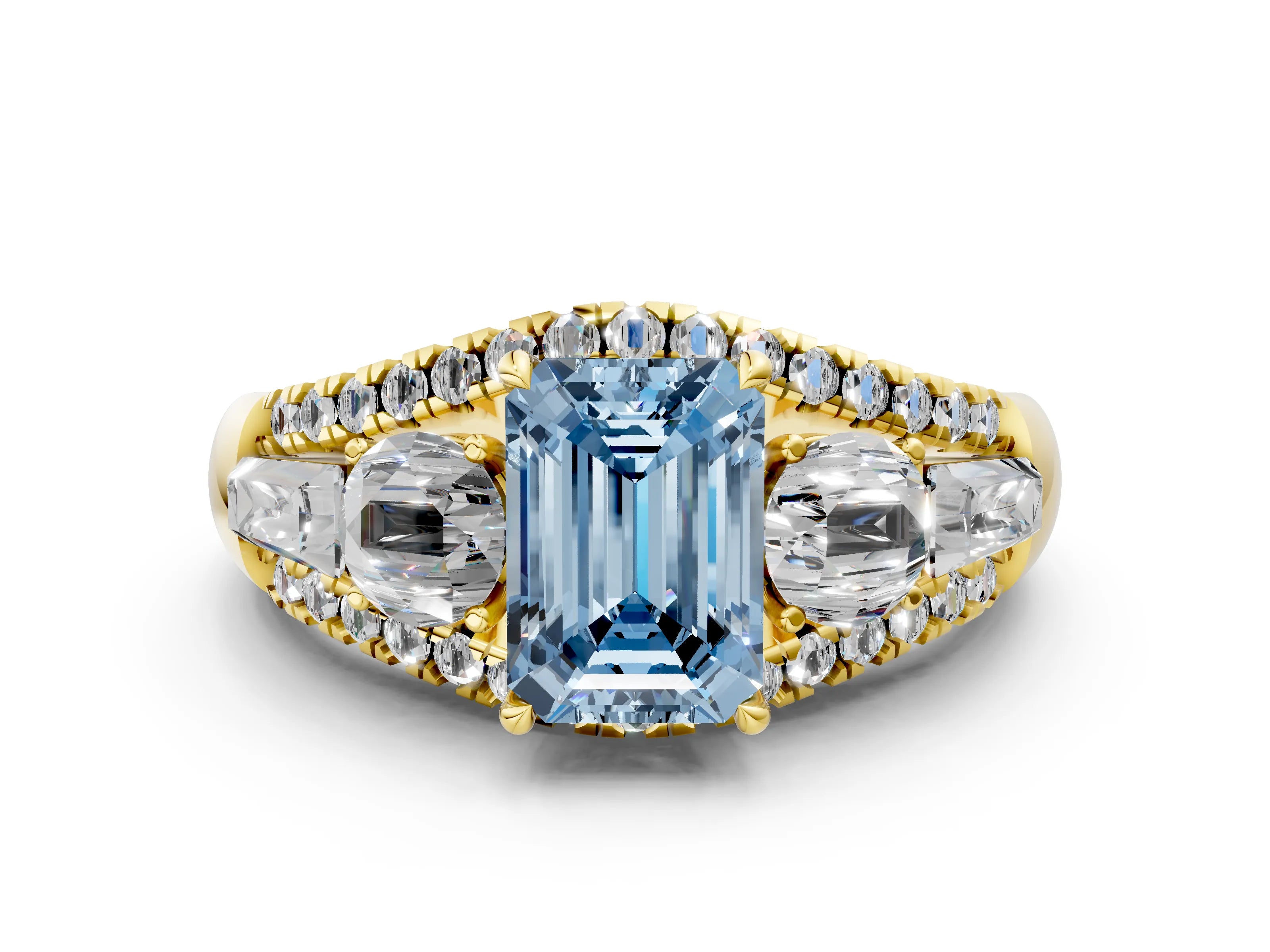 Yellow gold Three-Stone Fancy Blue Emerald Cut Diamond Engagement Ring with Pave Band and Prong Setting_12