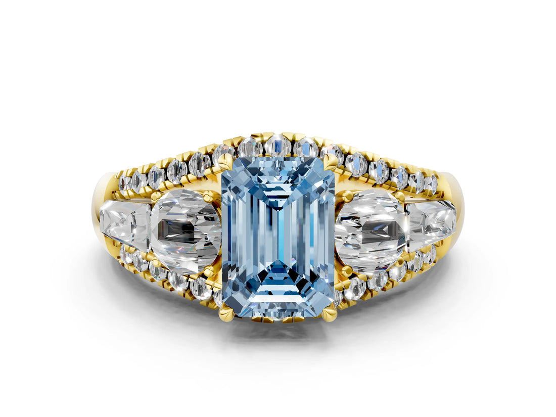 Yellow gold Three-Stone Fancy Blue Emerald Cut Diamond Engagement Ring with Pave Band and Prong Setting_12