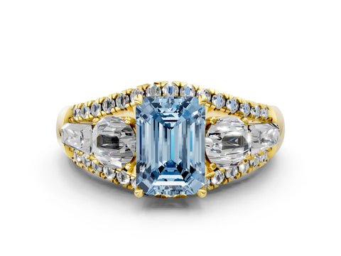 Yellow gold Three-Stone Fancy Blue Emerald Cut Diamond Engagement Ring with Pave Band and Prong Setting_12