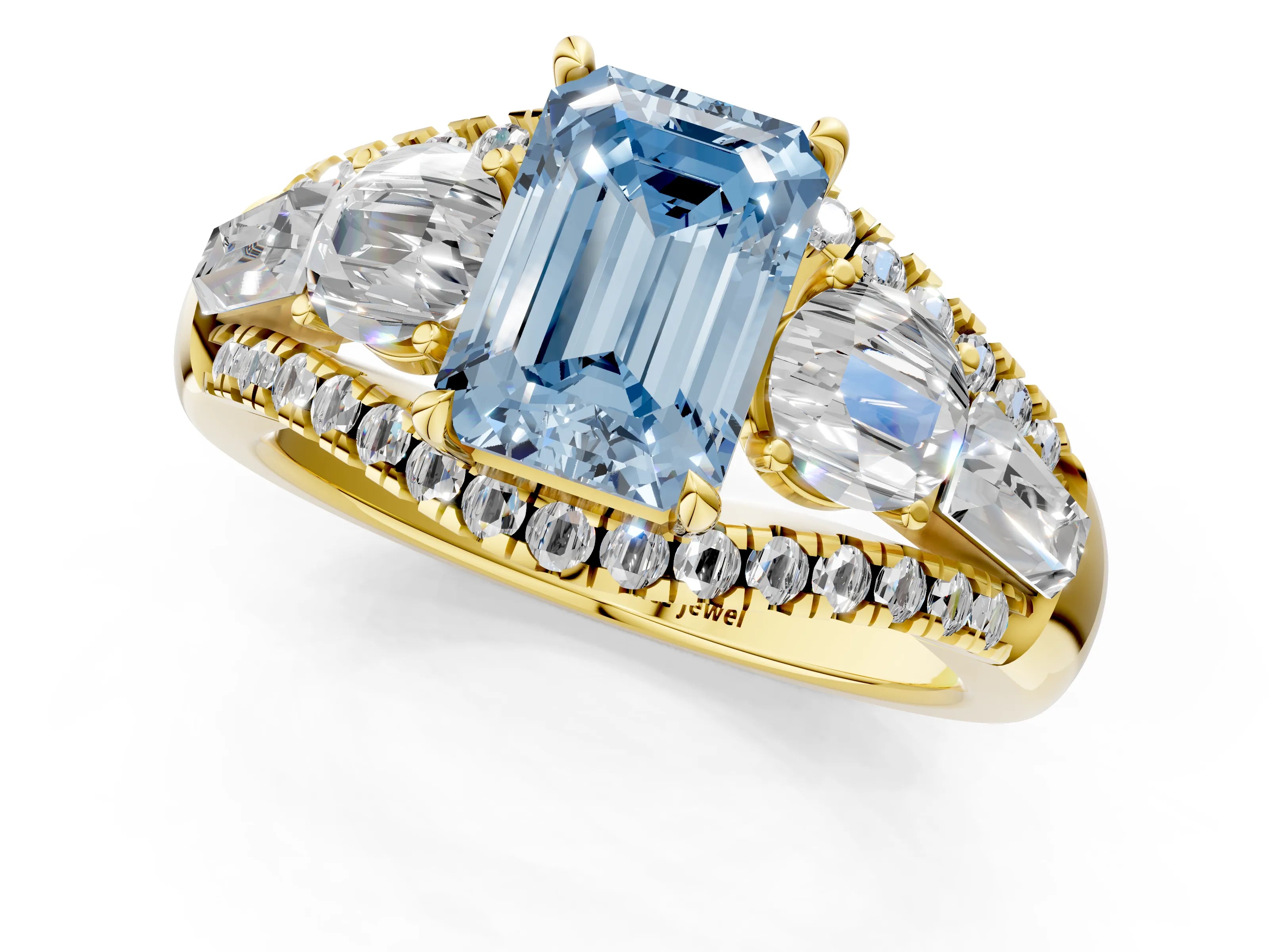 Yellow gold Three-Stone Fancy Blue Emerald Cut Diamond Engagement Ring with Pave Band and Prong Setting_13