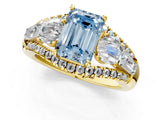 Yellow gold Three-Stone Fancy Blue Emerald Cut Diamond Engagement Ring with Pave Band and Prong Setting_13
