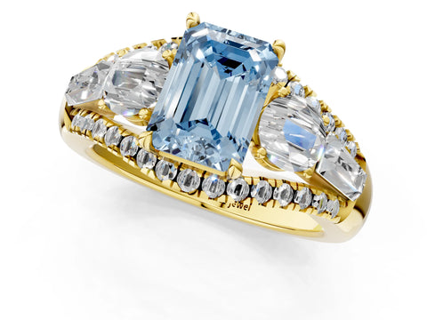 Yellow gold Three-Stone Fancy Blue Emerald Cut Diamond Engagement Ring with Pave Band and Prong Setting_13