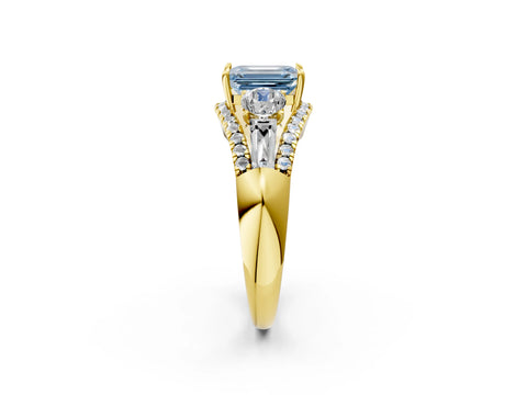 Yellow gold Three-Stone Fancy Blue Emerald Cut Diamond Engagement Ring with Pave Band and Prong Setting_14