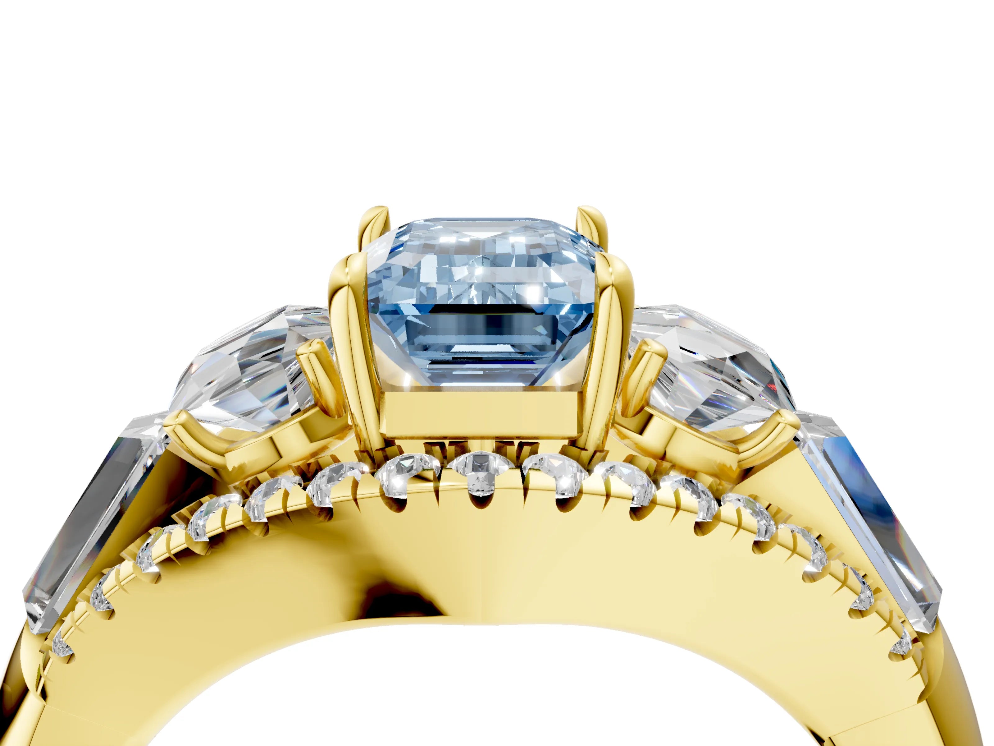 Yellow gold Three-Stone Fancy Blue Emerald Cut Diamond Engagement Ring with Pave Band and Prong Setting_16