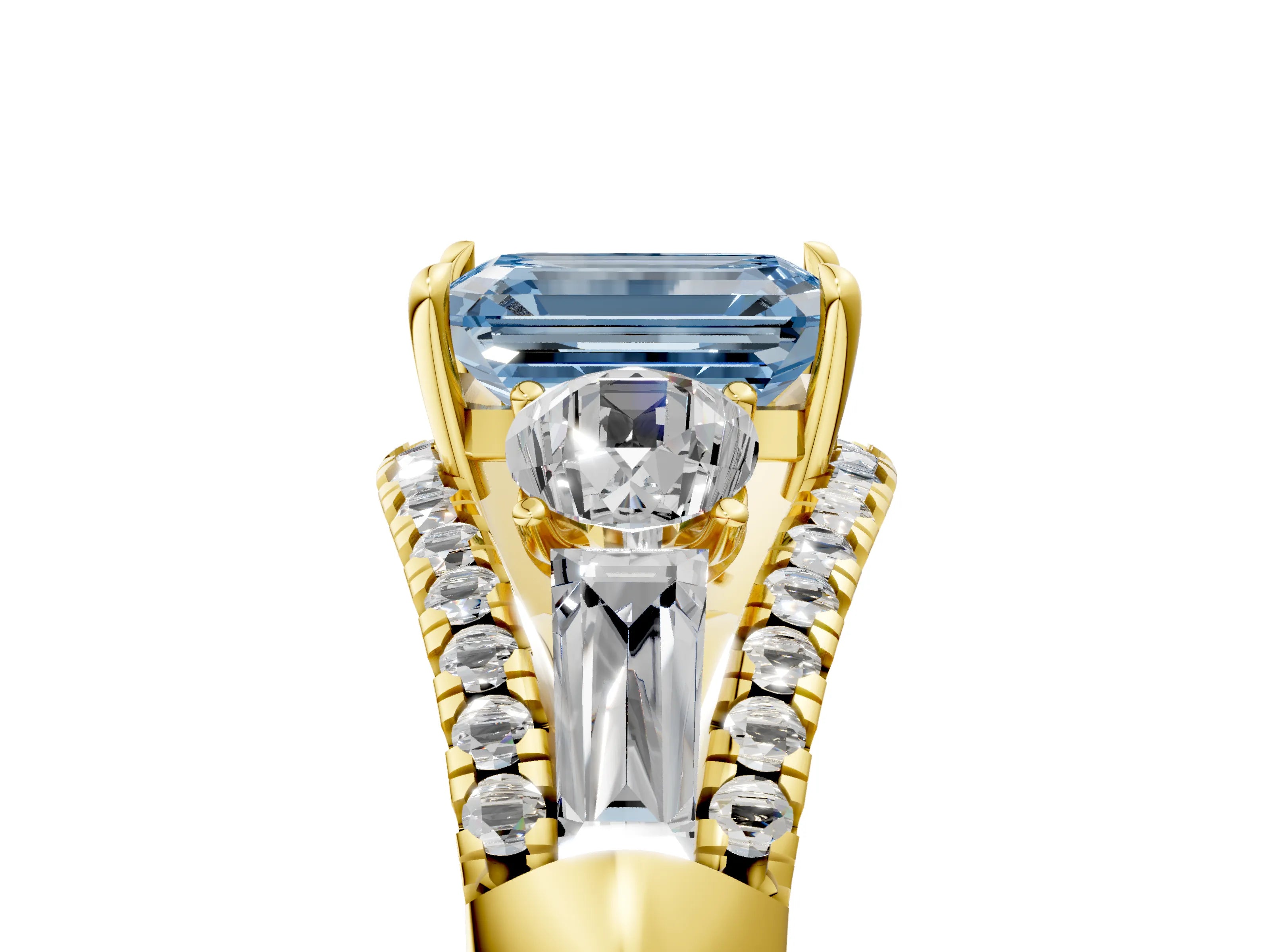 Yellow gold Three-Stone Fancy Blue Emerald Cut Diamond Engagement Ring with Pave Band and Prong Setting_17