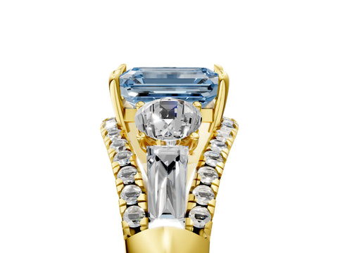 Yellow gold Three-Stone Fancy Blue Emerald Cut Diamond Engagement Ring with Pave Band and Prong Setting_17