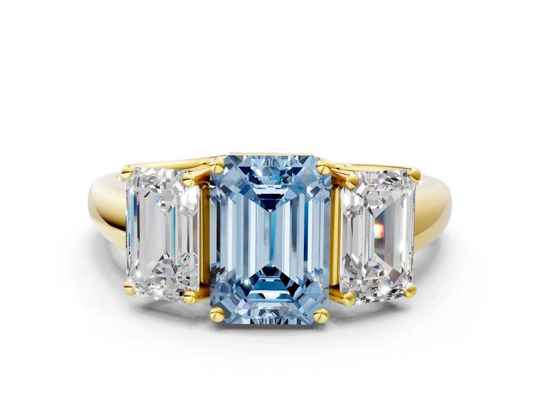 Yellow gold Three-Stone Fancy Blue Emerald Cut Diamond Engagement Ring with Prong Setting_3