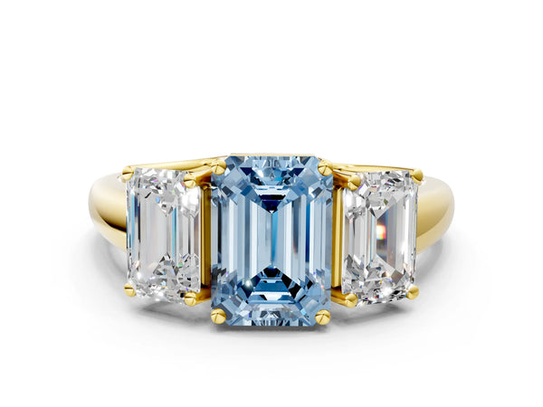Yellow gold Three-Stone Fancy Blue Emerald Cut Diamond Engagement Ring with Prong Setting