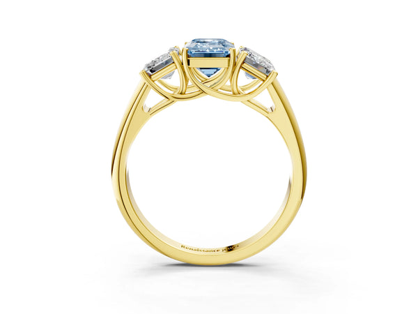 Yellow gold Three-Stone Fancy Blue Emerald Cut Diamond Engagement Ring with Prong Setting