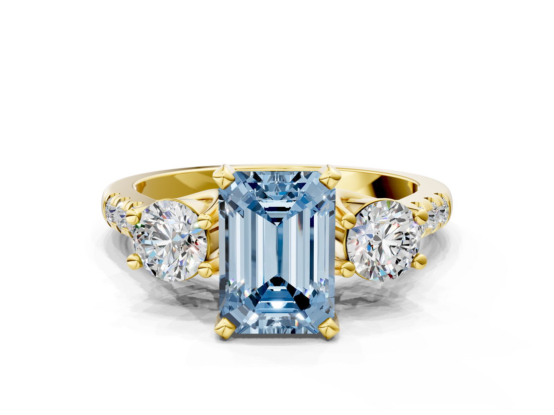 Yellow gold Three-Stone Fancy Blue Emerald  Cut Diamond Pavé Band with Four-Prong Setting_27
