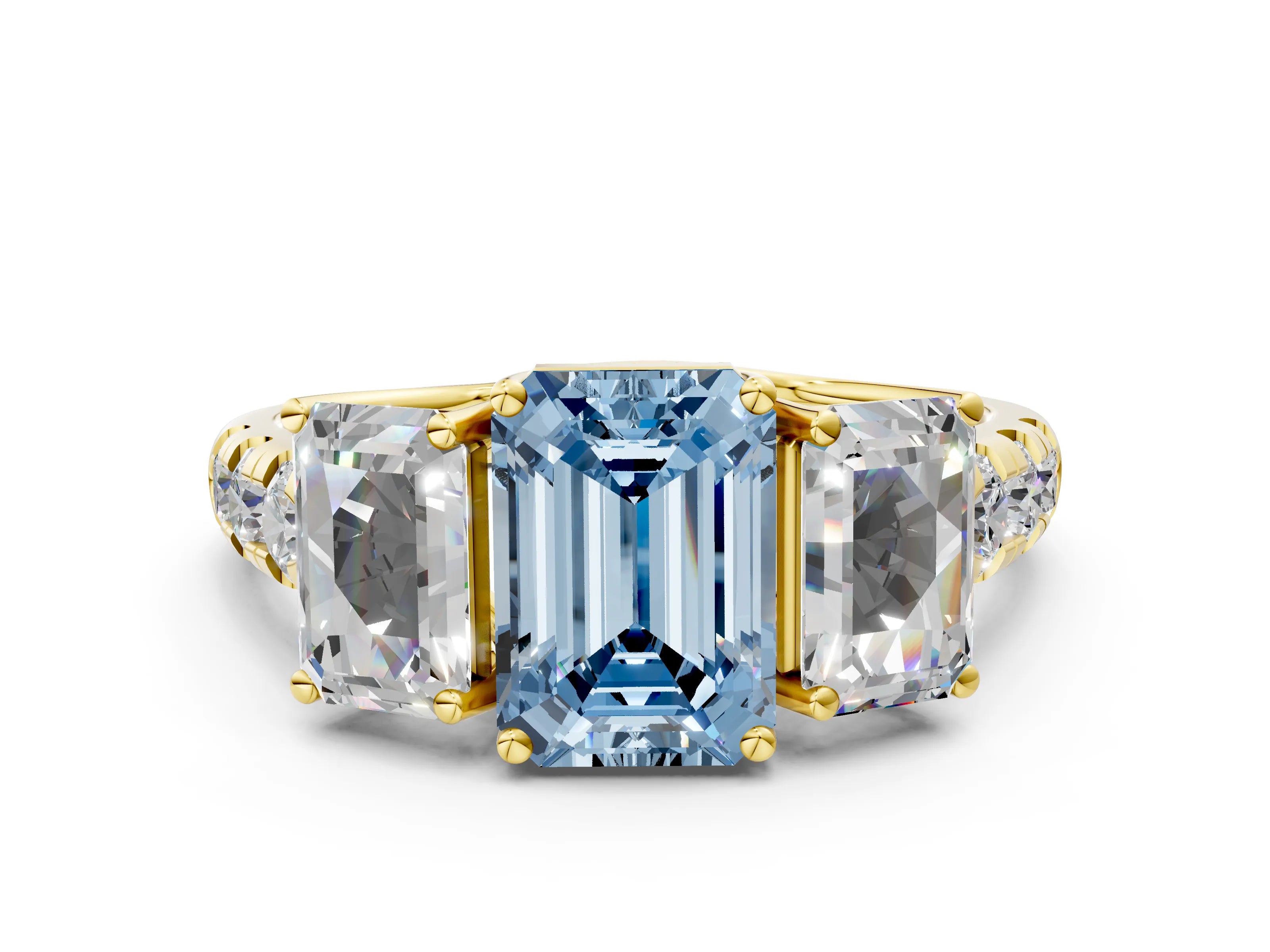 Yellow gold Three-Stone Fancy Blue Emerald Cut Diamond Pavé Band with Prong Setting