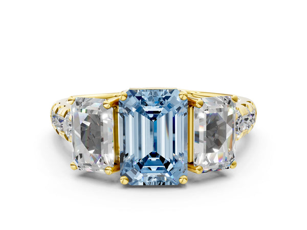 Yellow gold Three-Stone Fancy Blue Emerald Cut Diamond Pavé Band with Prong Setting