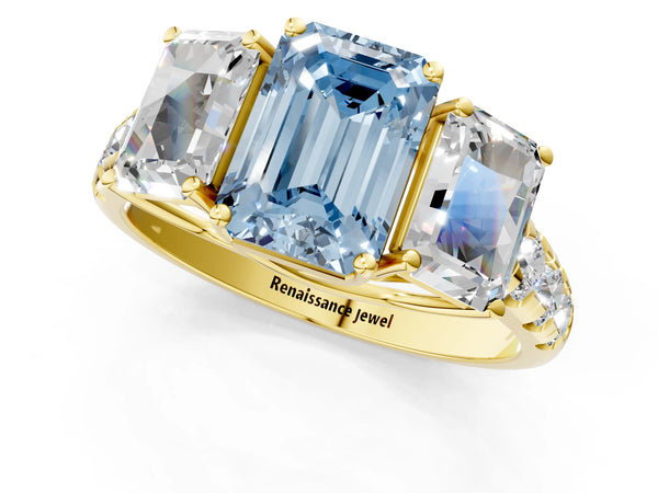 Yellow gold Three-Stone Fancy Blue Emerald Cut Diamond Pavé Band with Prong Setting