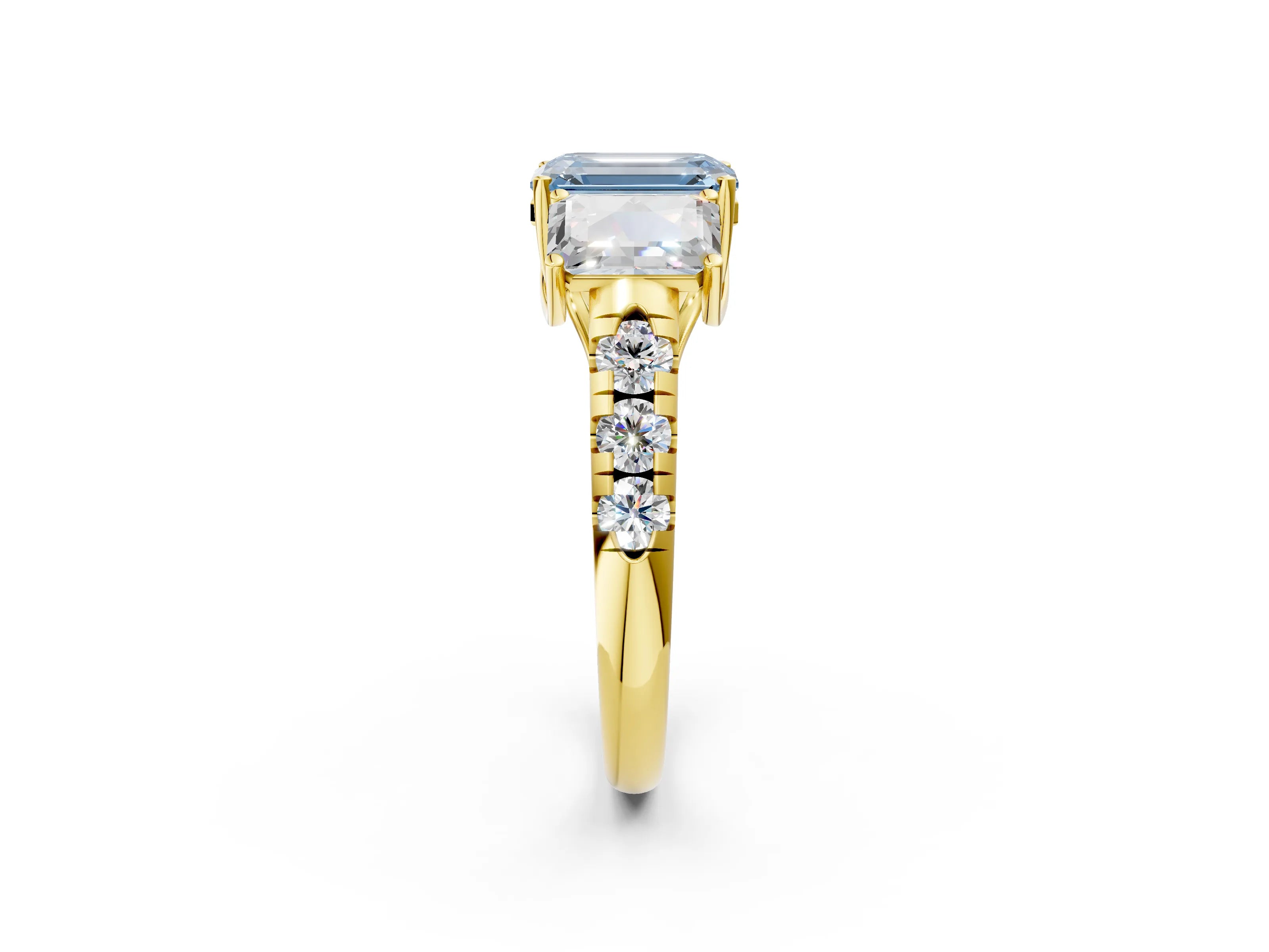 Yellow gold Three-Stone Fancy Blue Emerald Cut Diamond Pavé Band with Prong Setting_2