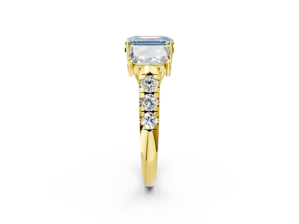 Yellow gold Three-Stone Fancy Blue Emerald Cut Diamond Pavé Band with Prong Setting