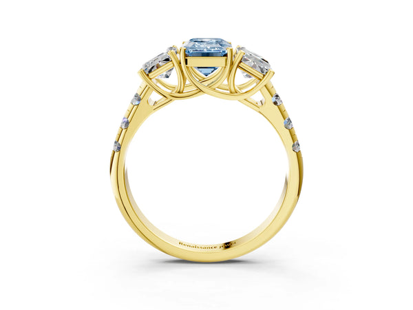 Yellow gold Three-Stone Fancy Blue Emerald Cut Diamond Pavé Band with Prong Setting