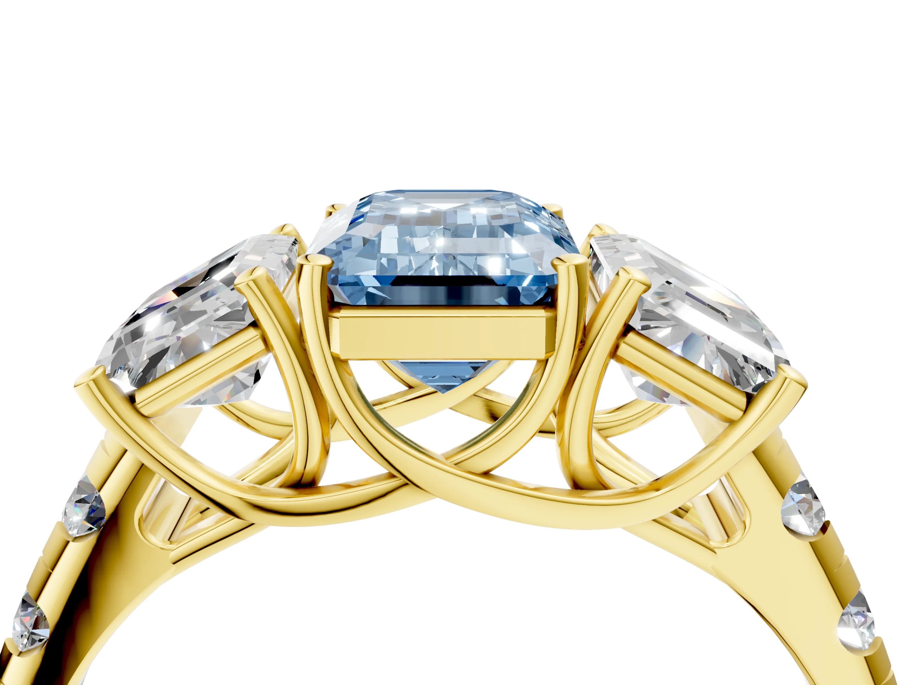 Yellow gold Three-Stone Fancy Blue Emerald Cut Diamond Pavé Band with Prong Setting_4