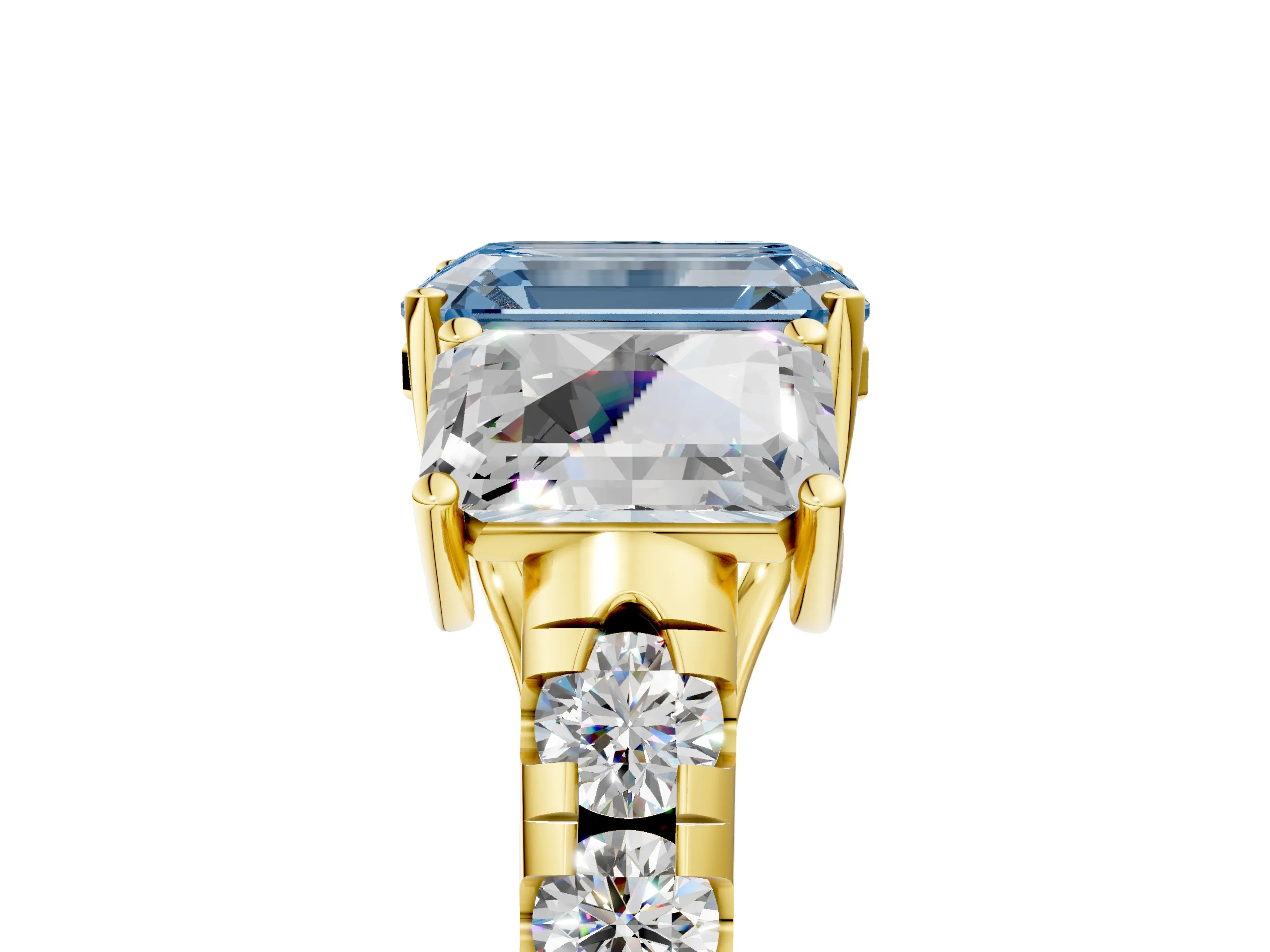 Yellow gold Three-Stone Fancy Blue Emerald Cut Diamond Pavé Band with Prong Setting_5