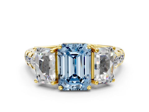 Yellow gold Three-Stone Fancy Blue Emerald Cut Diamond Pavé Band with Prong Setting