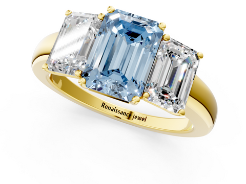Yellow gold Three-Stone Fancy Blue Emerald  Cut Diamond Ring with Channel-Set Band and Four-Prong Setting_43