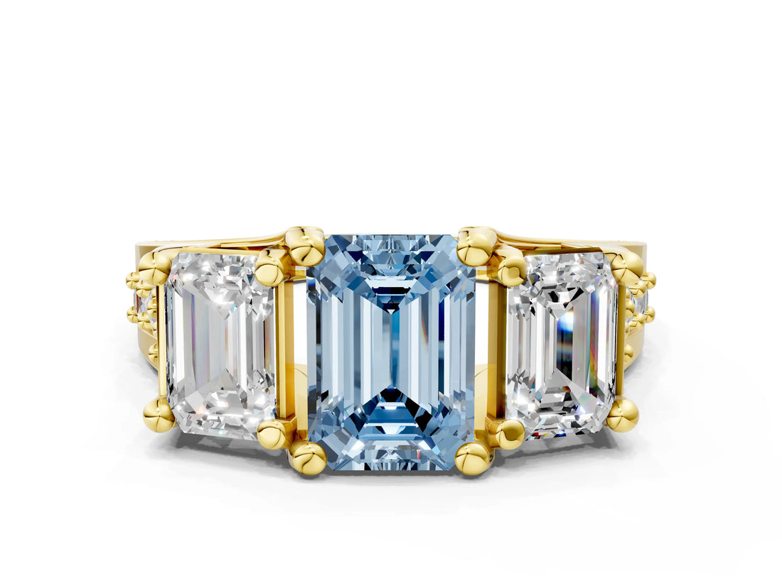 Yellow gold Three-Stone Fancy Blue Emerald  Cut Diamond Ring with Channel-Set Band and Four-Prong Setting_52