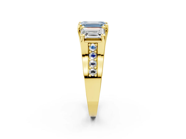 Yellow Gold Emerald Cut Three Stone Pave Engagement Ring Setting for Fancy Blue Center with Near-Equal Side Stones