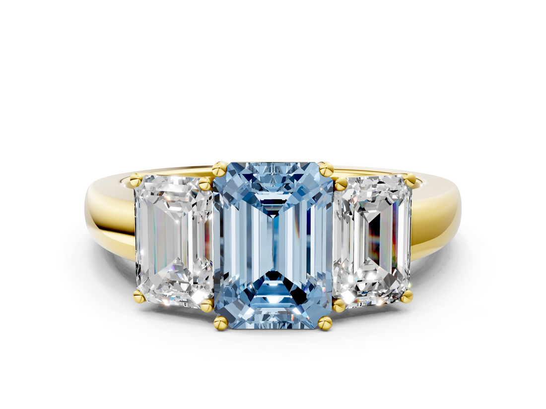 Yellow gold Three-Stone Fancy Blue Emerald  Cut Diamond Ring with Channel-Set Band and Four-Prong Setting_59