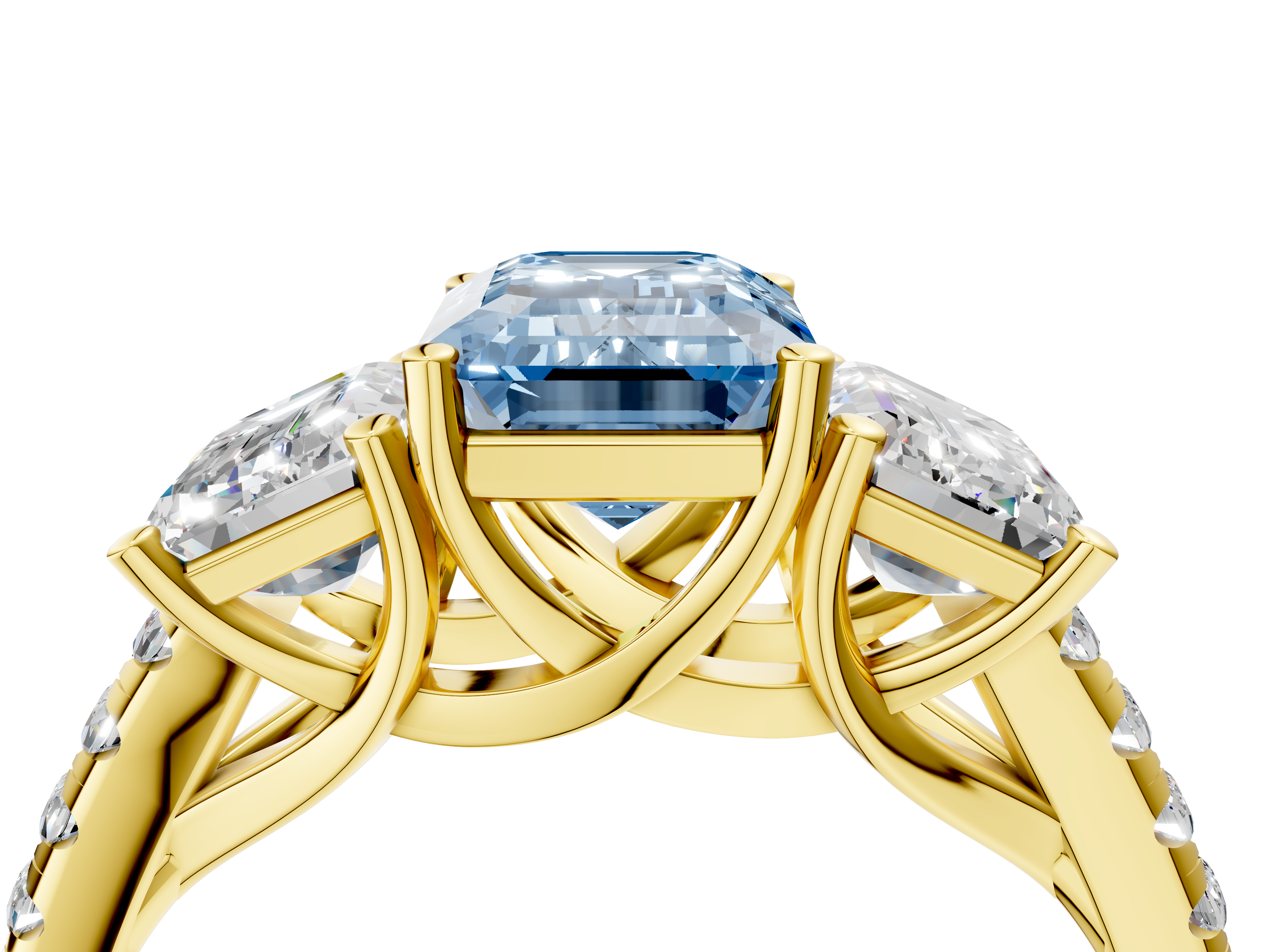 Yellow gold Three-Stone Fancy Blue Emerald  Cut Diamond Ring with Pavé Band and Prong Setting_20