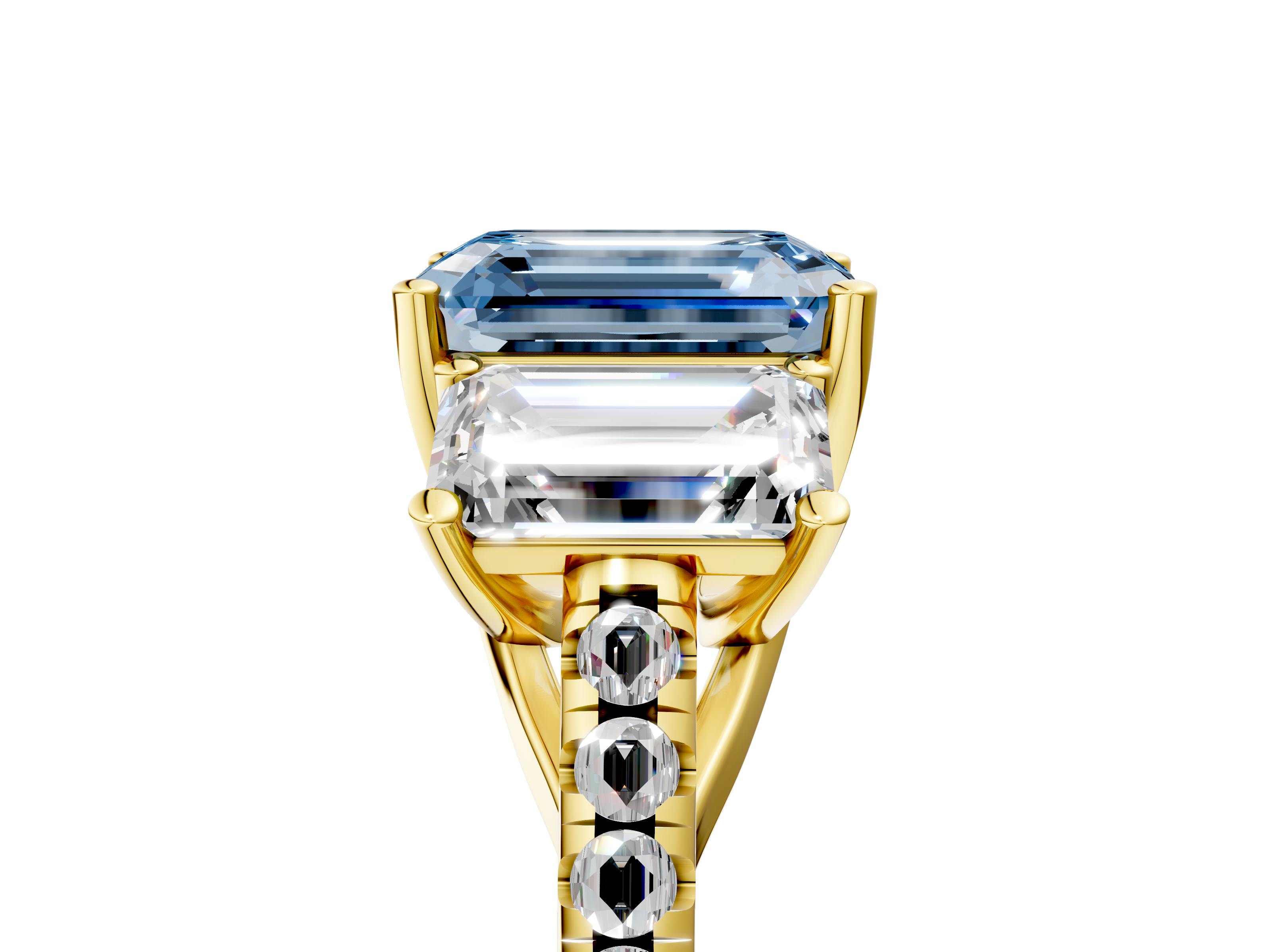 Yellow gold Three-Stone Fancy Blue Emerald  Cut Diamond Ring with Pavé Band and Prong Setting_21