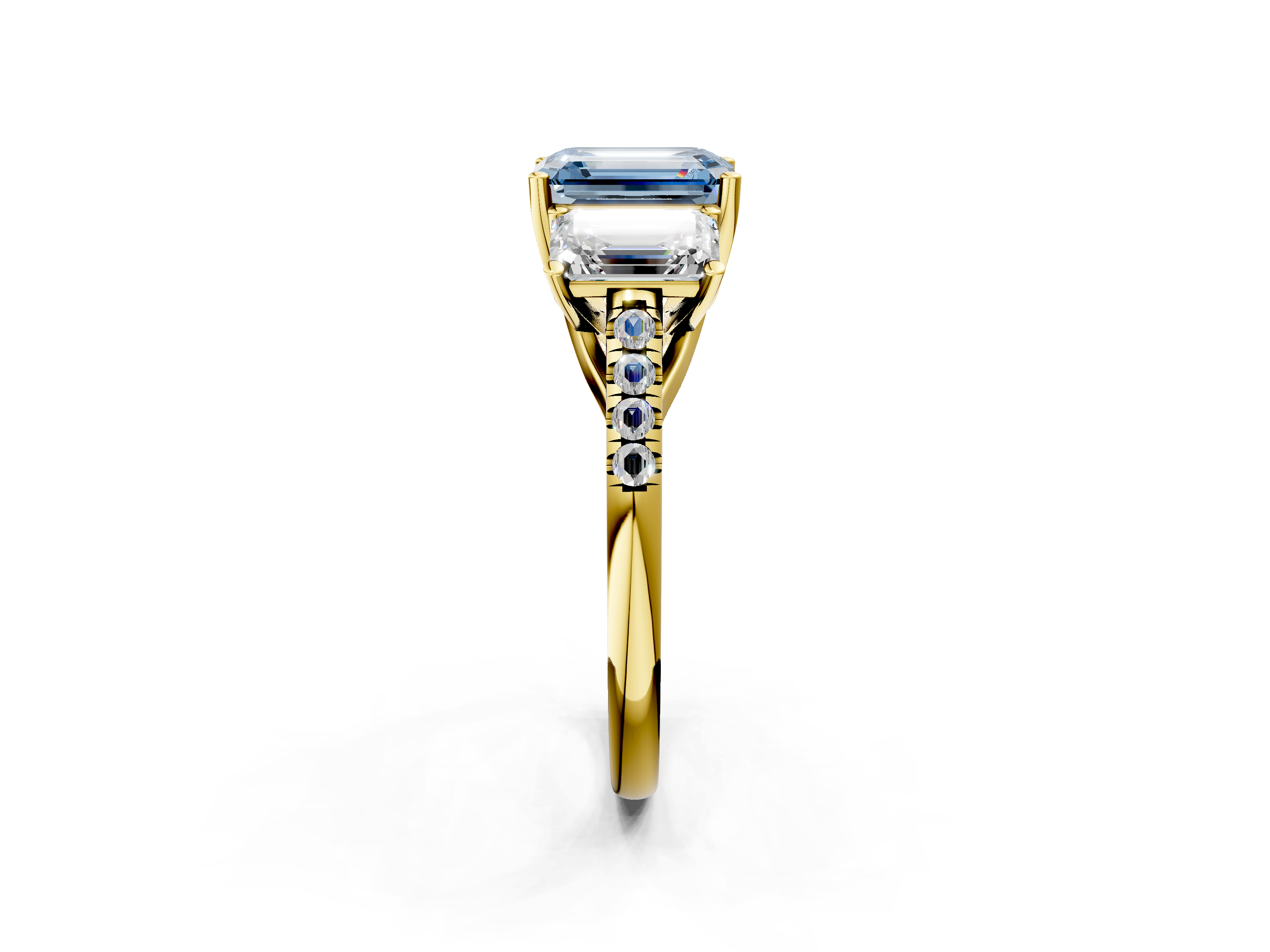 Yellow gold Three-Stone Fancy Blue Emerald  Cut Diamond Ring with Pavé Band and Prong Setting_24