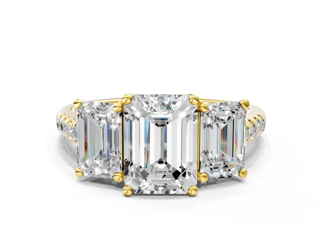 Yellow gold Three-Stone Fancy Blue Emerald Cut Diamond Ring with Pavé Band and Prong Setting_61