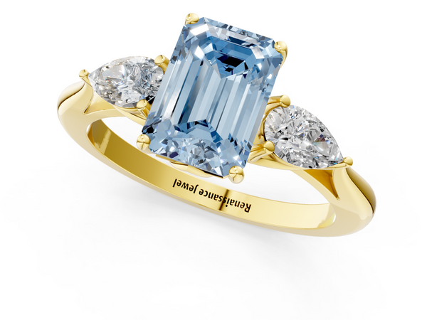 Yellow gold Three-Stone Fancy Blue Emerald  Cut Diamond Ring with Pear Side Stones in Four-Prong Setting