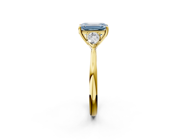 Yellow gold Three-Stone Fancy Blue Emerald  Cut Diamond Ring with Pear Side Stones in Four-Prong Setting