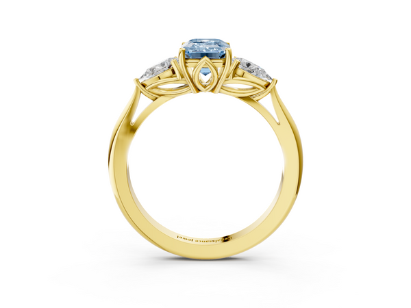 Yellow gold Three-Stone Fancy Blue Emerald  Cut Diamond Ring with Pear Side Stones in Four-Prong Setting