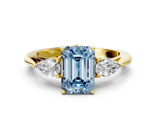Yellow gold Three-Stone Fancy Blue Emerald Cut Diamond Ring with Pear  Side Stones in Four-Prong Setting