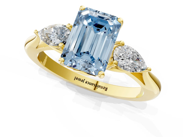 Yellow gold Three-Stone Fancy Blue Emerald Cut Diamond Ring with Pear  Side Stones in Four-Prong Setting