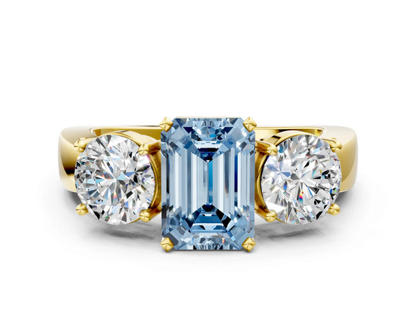 Yellow gold Three-Stone Fancy Blue Emerald Cut Diamond Ring with Round Side Stones, Classic Band, and Four-Prong Setting