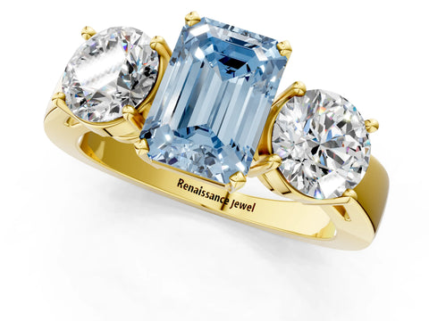 Yellow gold Three-Stone Fancy Blue Emerald Cut Diamond Ring with Round Side Stones, Classic Band, and Four-Prong Setting_1